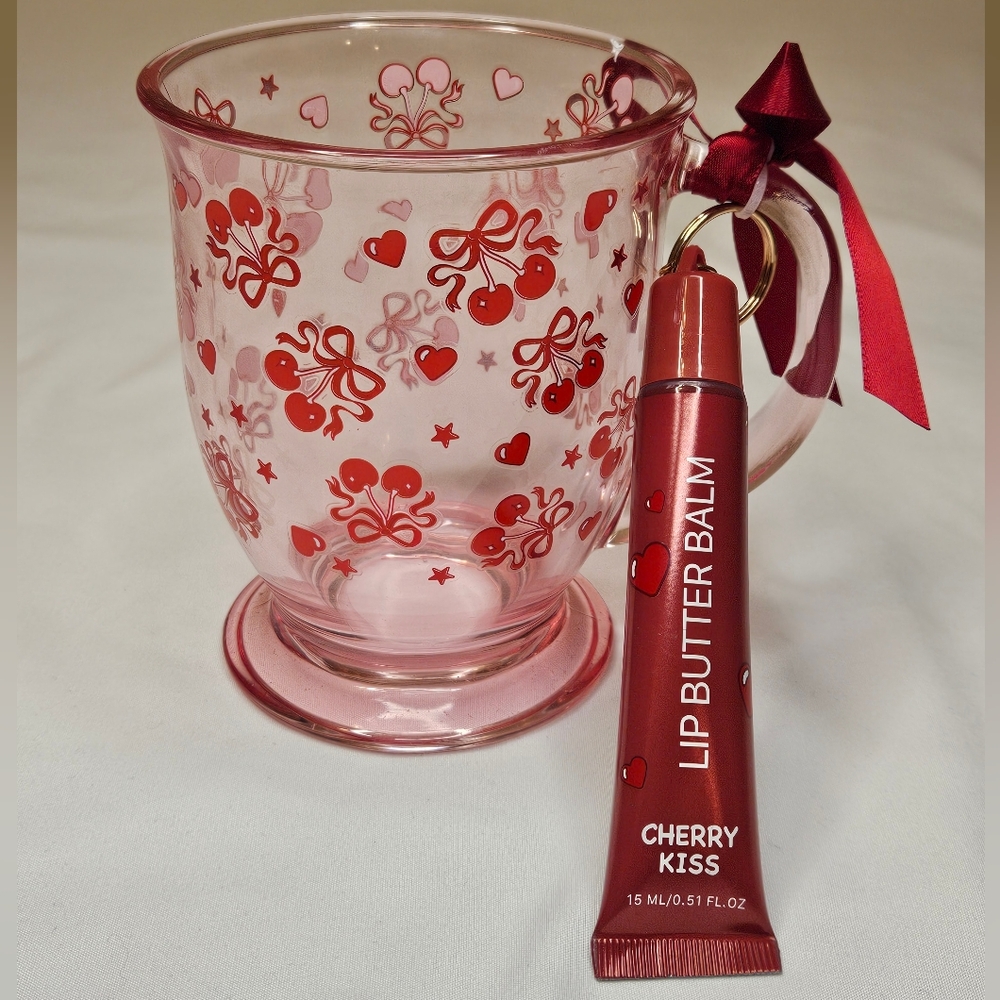 Cherry Bow Glass Mug Gift Set | Cherry Kiss Lip Butter Balm | NEW